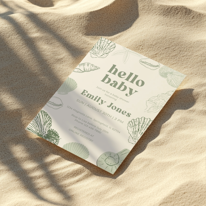 Baby Shower Invitation - Sage Green Ocean Beach Seashells Gender Neutral Baby On Board BS118