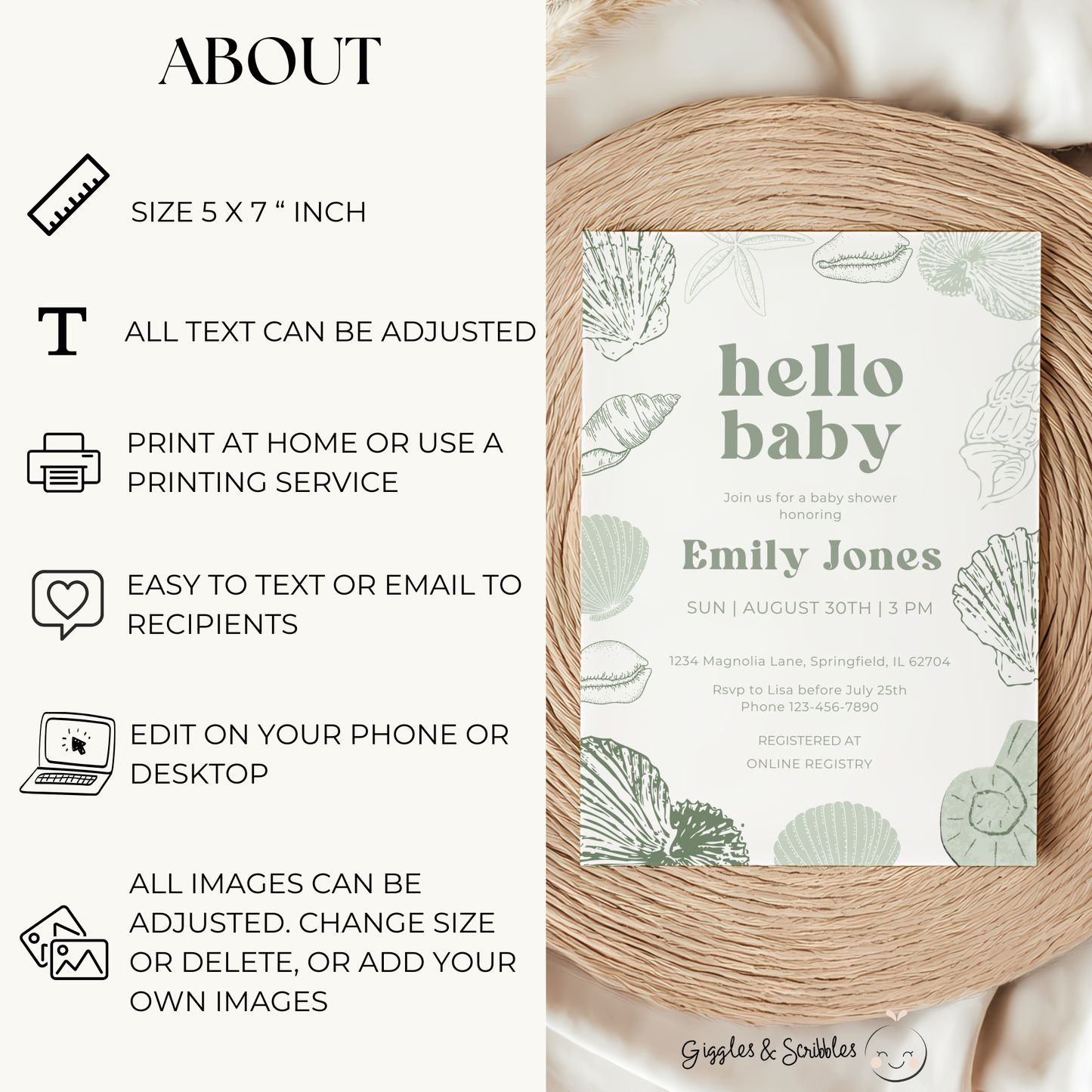 Baby Shower Invitation - Sage Green Ocean Beach Seashells Gender Neutral Baby On Board BS118