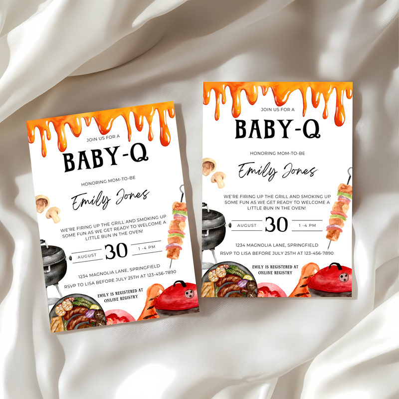 Baby Shower Invitation - Baby-Q Barbecue Gender Neutral Bun In The Oven Burger In The Grill BS131
