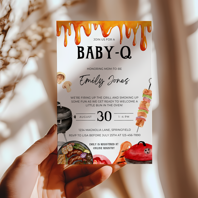 Baby Shower Invitation - Baby-Q Barbecue Gender Neutral Bun In The Oven Burger In The Grill BS131