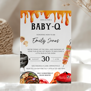 Baby Shower Invitation - Baby-Q Barbecue Gender Neutral Bun In The Oven Burger In The Grill BS131