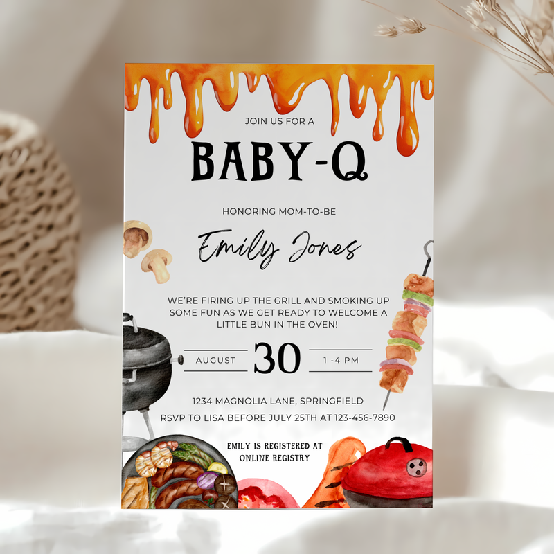 Baby Shower Invitation - Baby-Q Barbecue Gender Neutral Bun In The Oven Burger In The Grill BS131