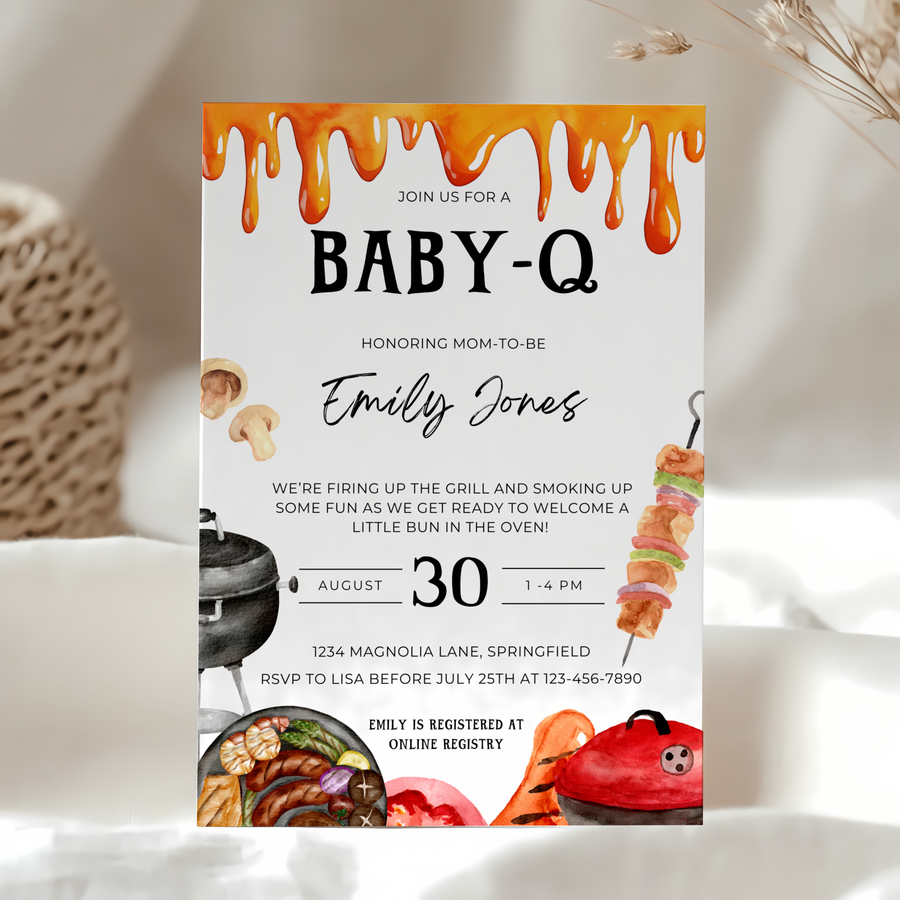 Baby Shower Invitation - Baby-Q Barbecue Gender Neutral Bun In The Oven Burger In The Grill BS131