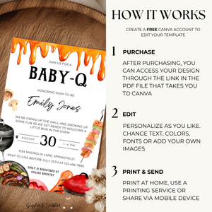Baby Shower Invitation - Baby-Q Barbecue Gender Neutral Bun In The Oven Burger In The Grill BS131