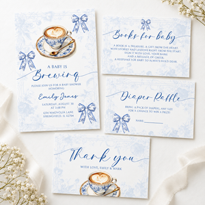 Blue Toile Baby Is Brewing Baby Shower Invitation Bundle BS62