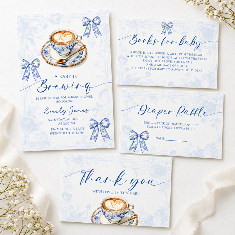 Blue Toile Baby Is Brewing Baby Shower Invitation Bundle BS62