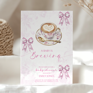 Baby Shower Invitation Bundle - Pink Baby Is Brewing Coffee Theme Toile de Jouy BS62
