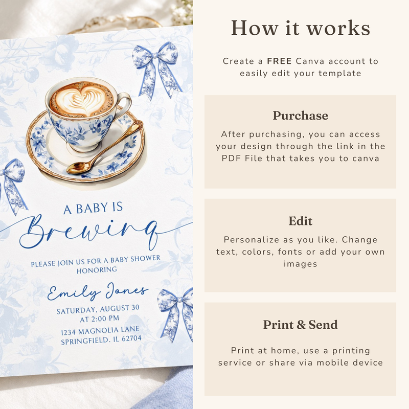 Blue Toile Baby Is Brewing Baby Shower Invitation Bundle BS62