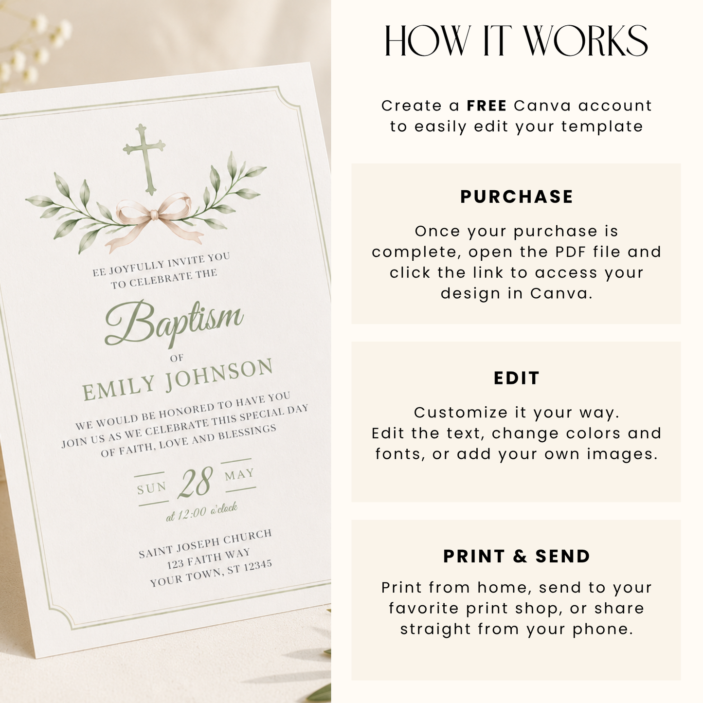 Sage Green Baptism Invitation L143