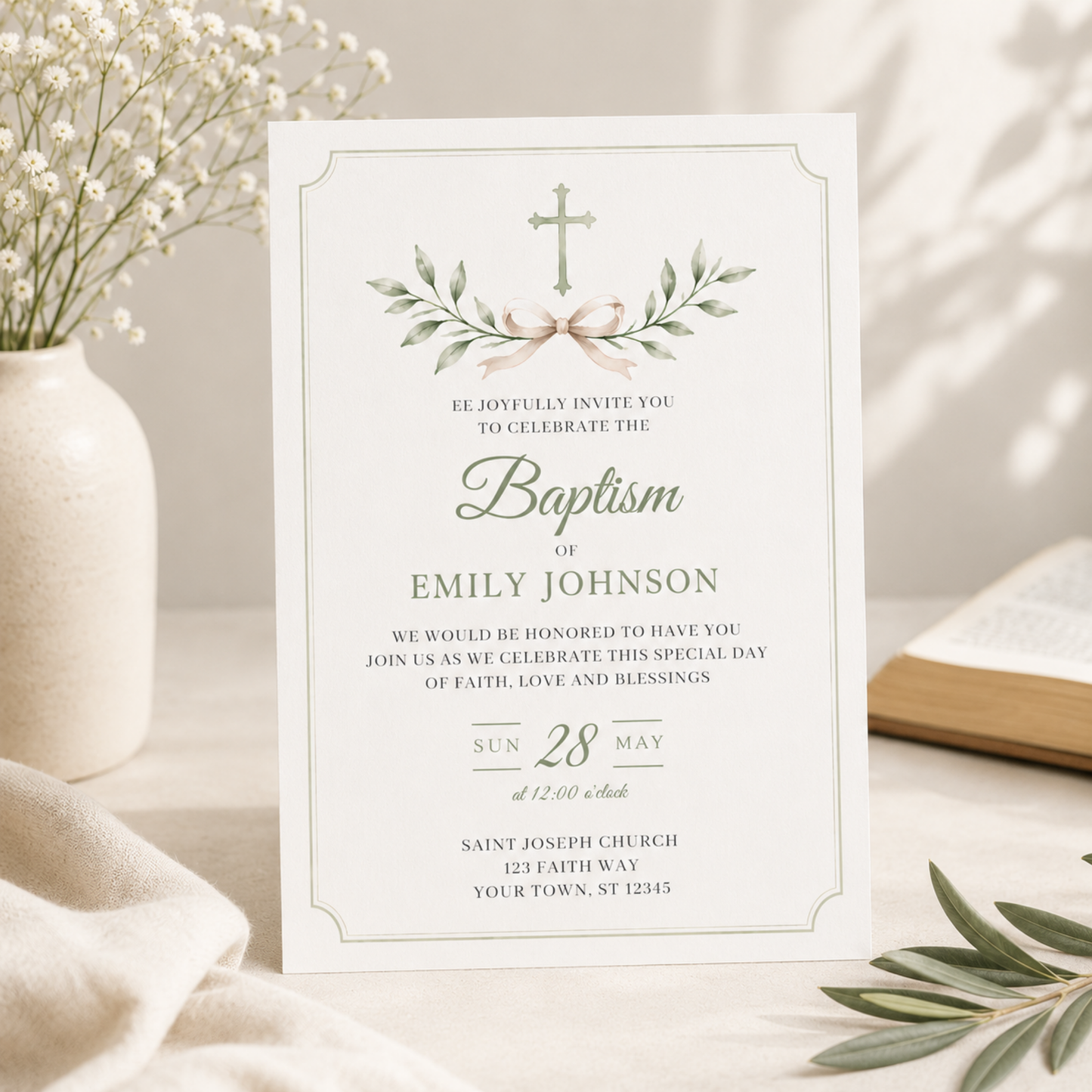 Sage Green Baptism Invitation L143