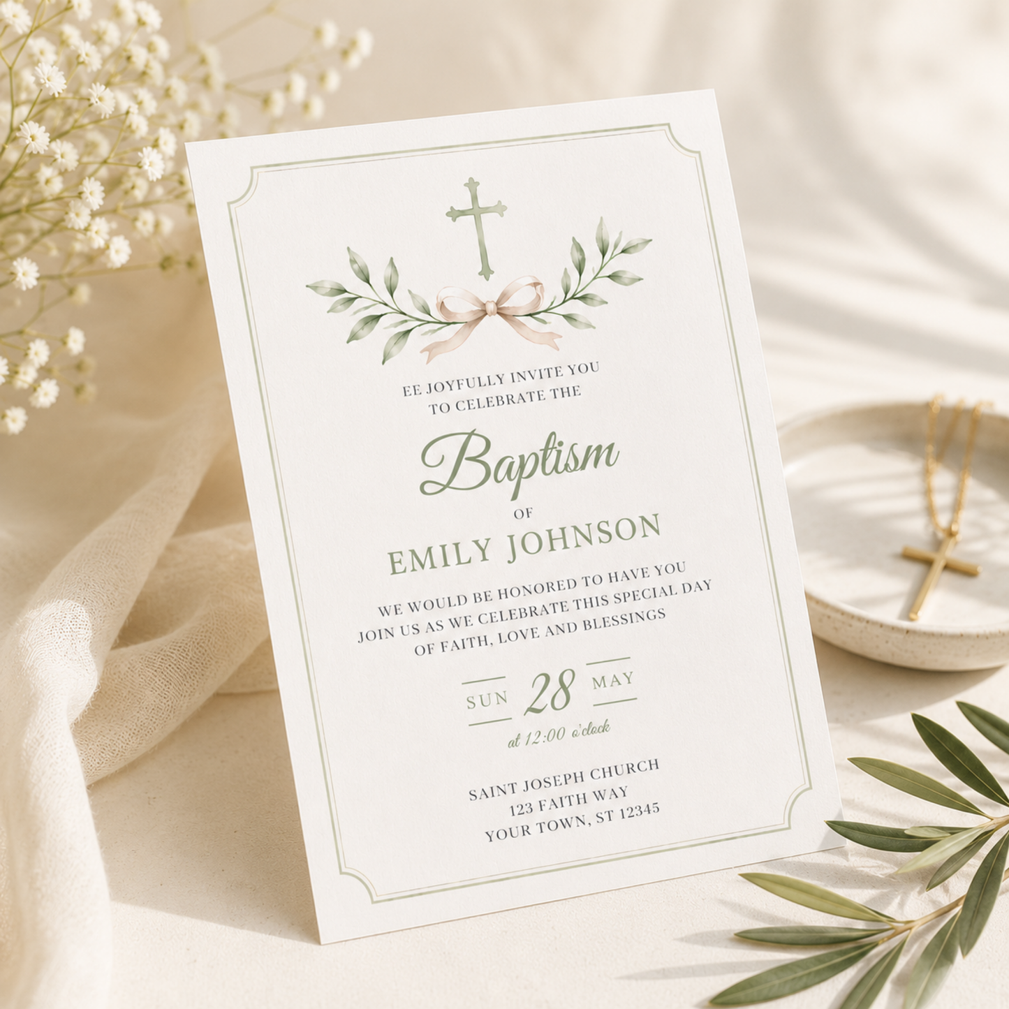 Sage Green Baptism Invitation L143