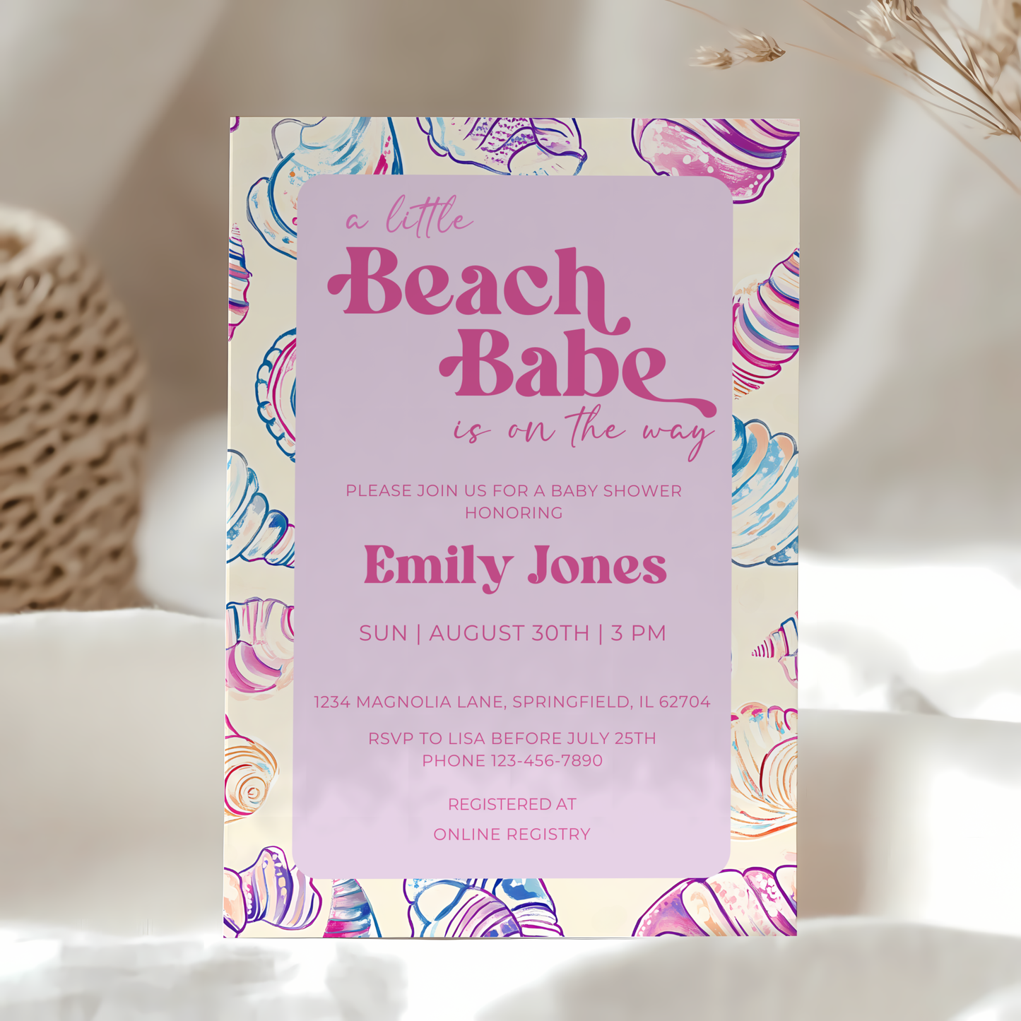 Baby Shower Invitation - A Little Beach Babe Seashell Pastel BS111