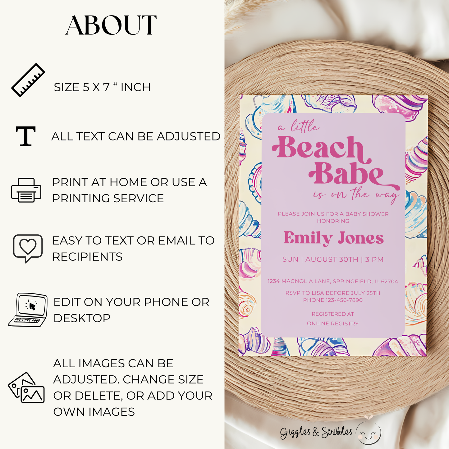 Baby Shower Invitation - A Little Beach Babe Seashell Pastel BS111