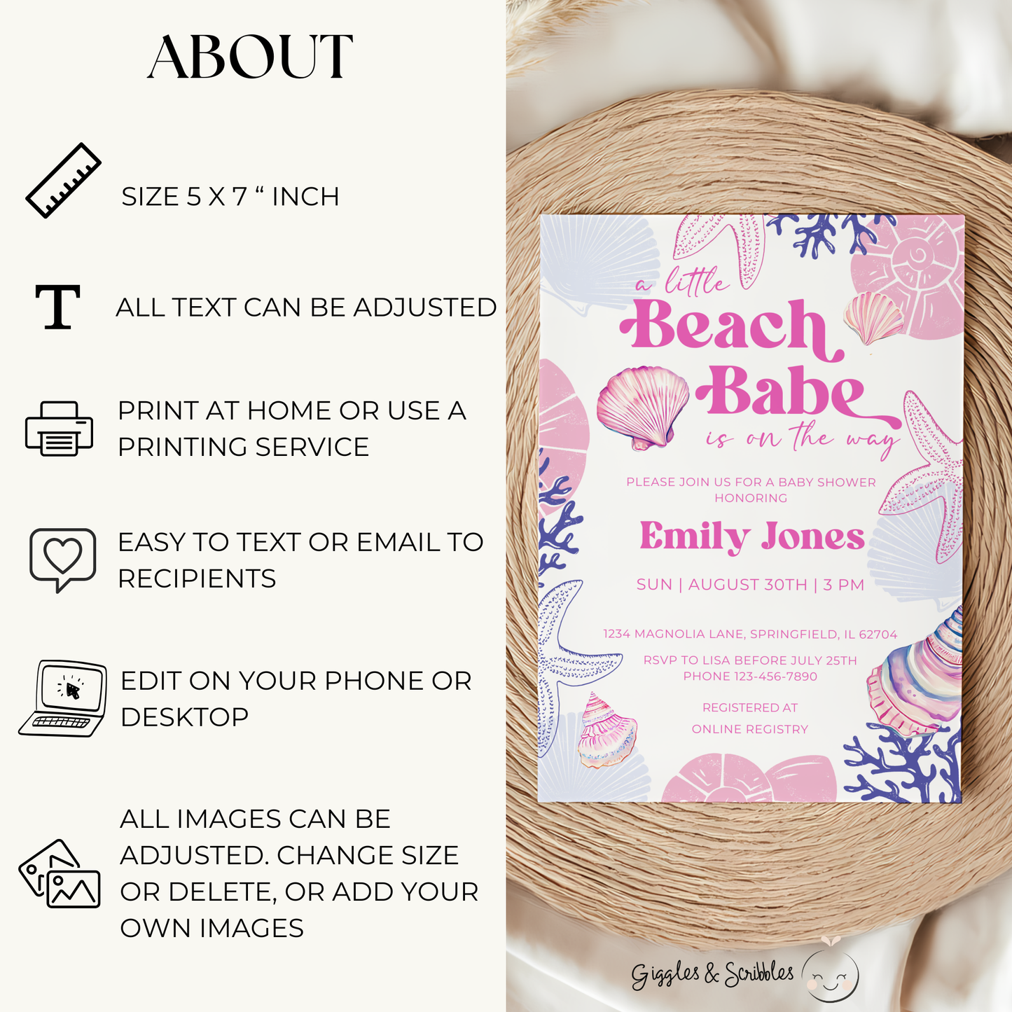 Baby Shower Invitation - Pastel Beach Babe Seashell Summer BS112