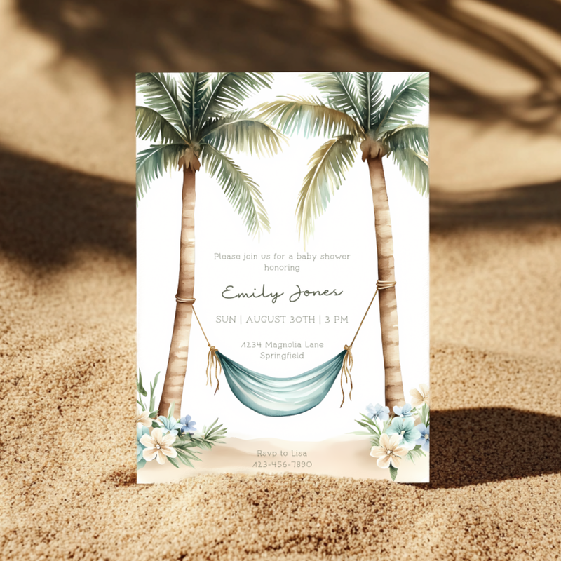 Baby Shower Invitation - Tropical Paradise Beach Hammock & Palm Trees BS140
