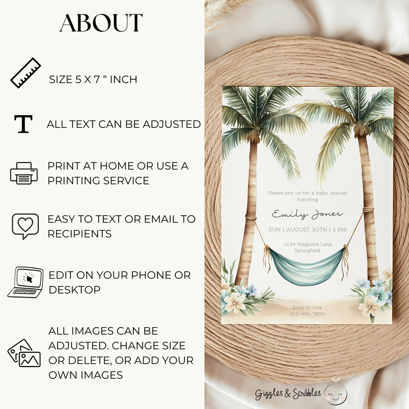 Baby Shower Invitation - Tropical Paradise Beach Hammock & Palm Trees BS140