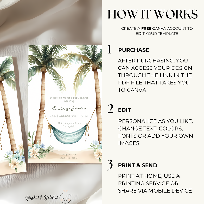 Baby Shower Invitation - Tropical Paradise Beach Hammock & Palm Trees BS140