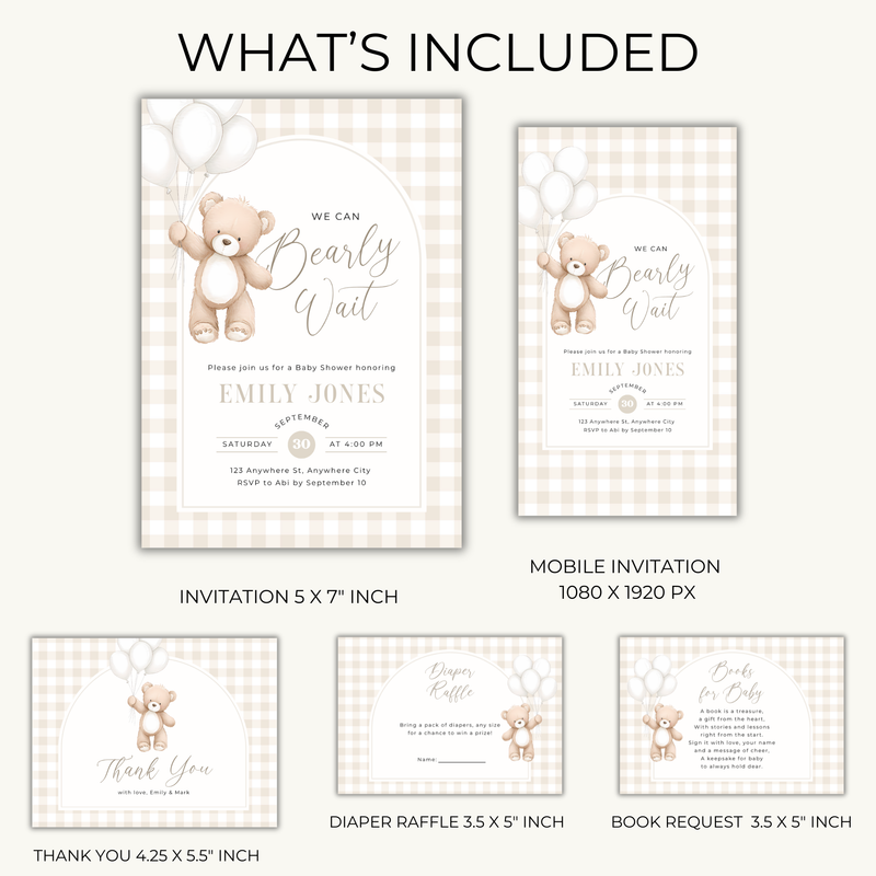 Bearly Wait Baby Shower Invitation Bundle - Neutral Teddy Theme BS295