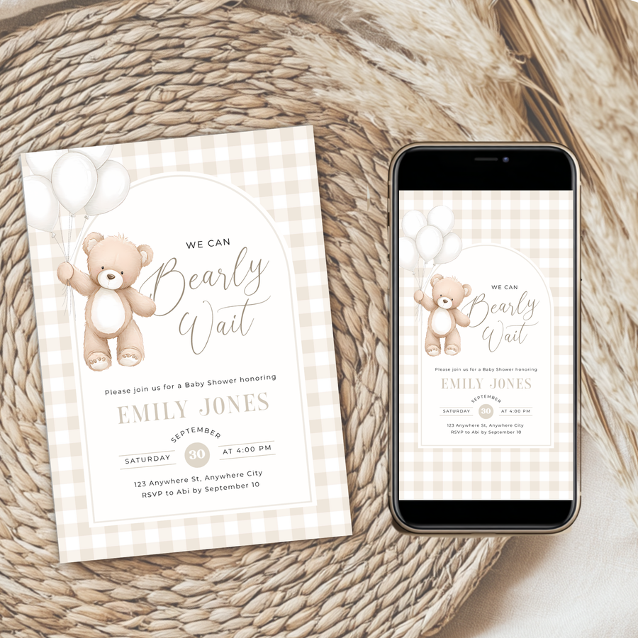 Bearly Wait Baby Shower Invitation Bundle - Neutral Teddy Theme BS295