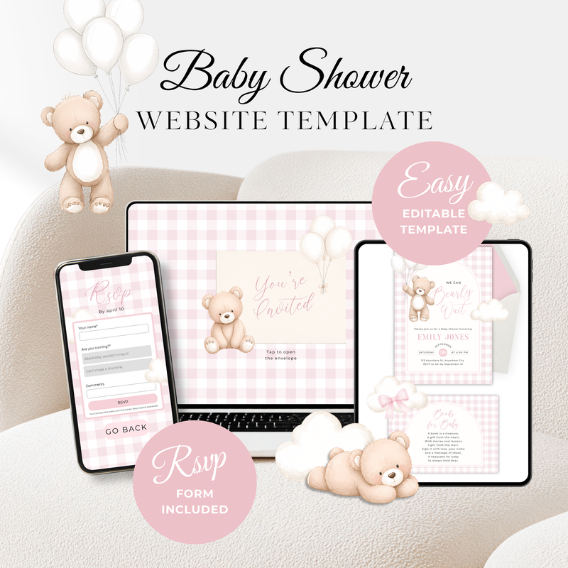 Pink Bearly Wait Baby Shower Website with RSVP - Editable Canva Template BS295