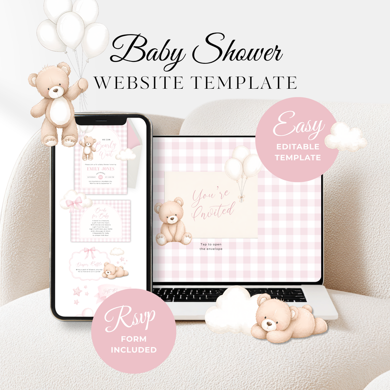 Pink Bearly Wait Baby Shower Website with RSVP - Editable Canva Template BS295