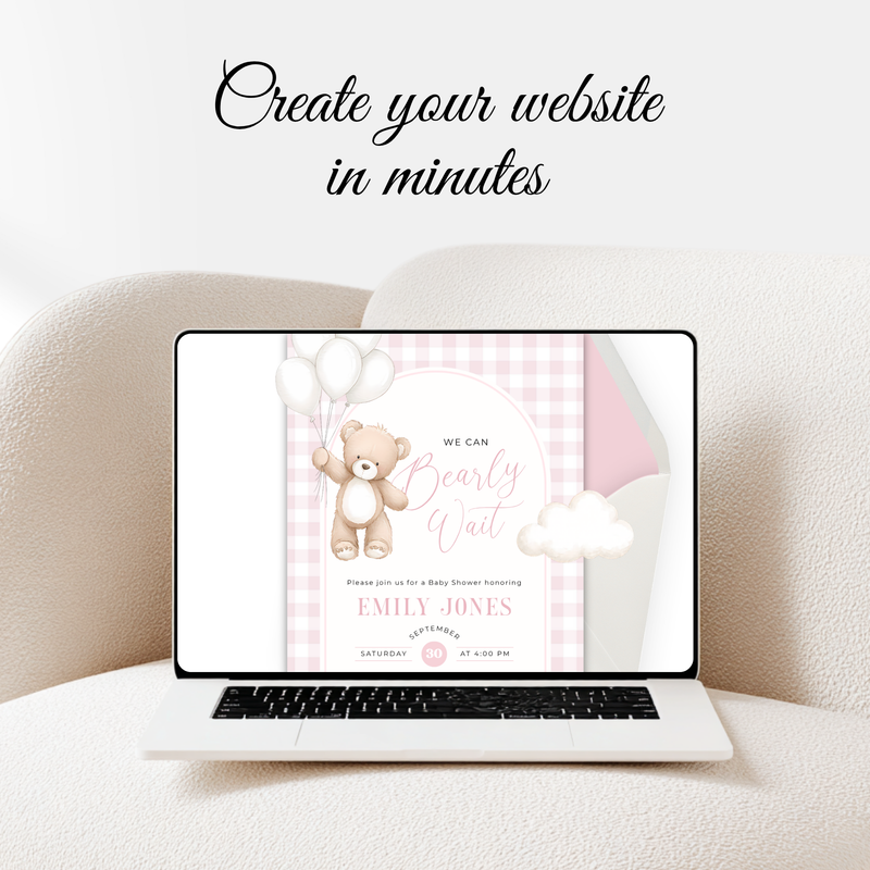 Pink Bearly Wait Baby Shower Website with RSVP - Editable Canva Template BS295