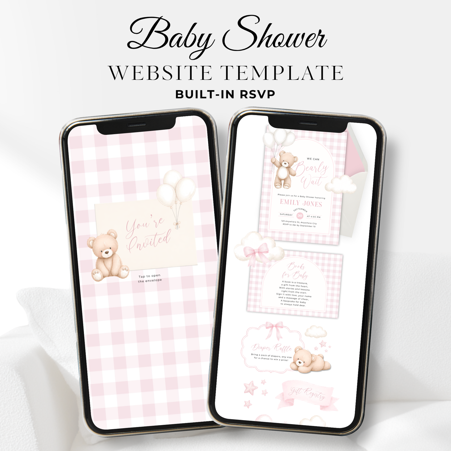 Pink Bearly Wait Baby Shower Website with RSVP - Editable Canva Template BS295