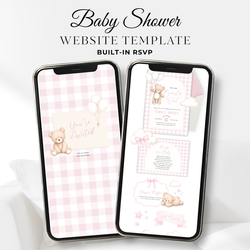 Pink Bearly Wait Baby Shower Website with RSVP - Editable Canva Template BS295