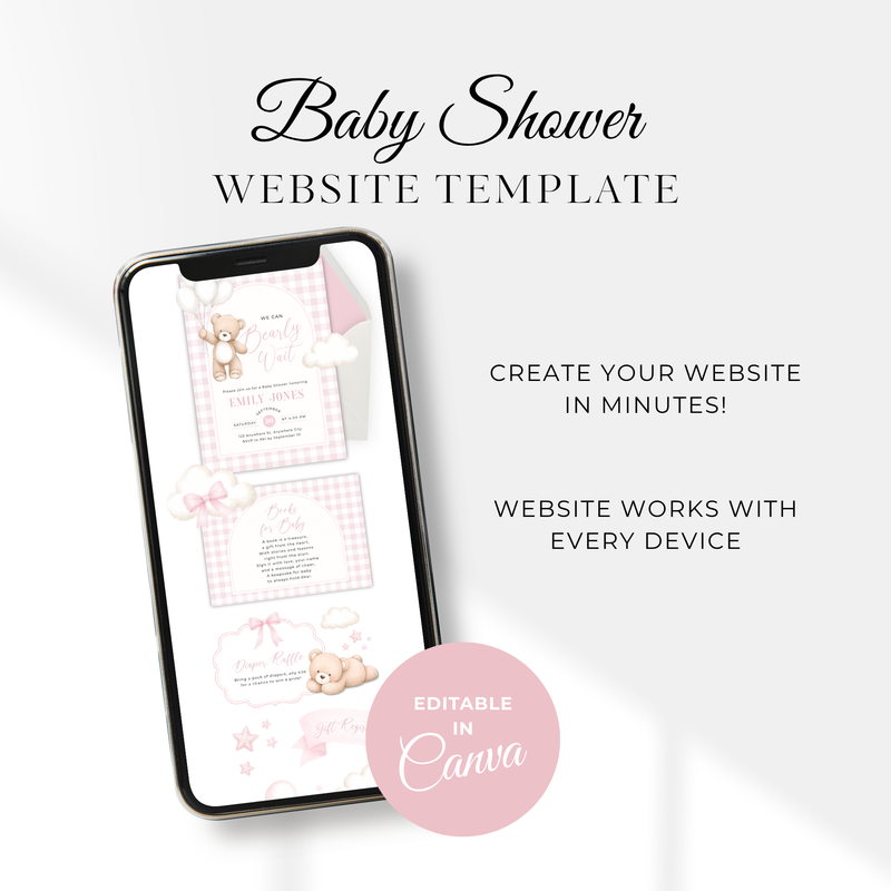 Pink Bearly Wait Baby Shower Website with RSVP - Editable Canva Template BS295