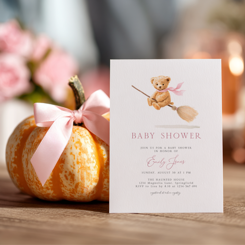 Baby Shower Invitation - Cute Girl Bear on Halloween Witch Broom BS239