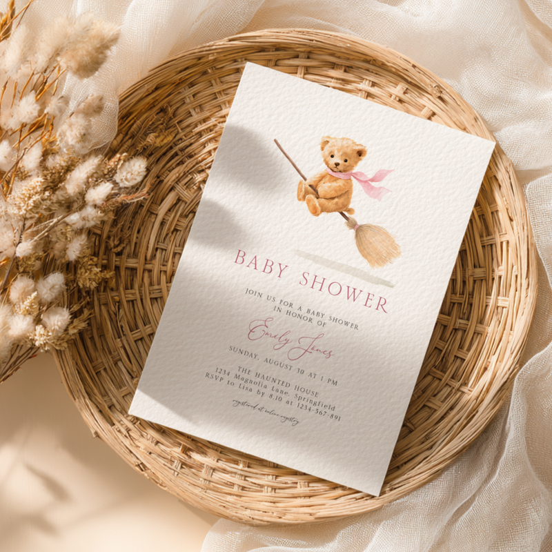 Baby Shower Invitation - Cute Girl Bear on Halloween Witch Broom BS239