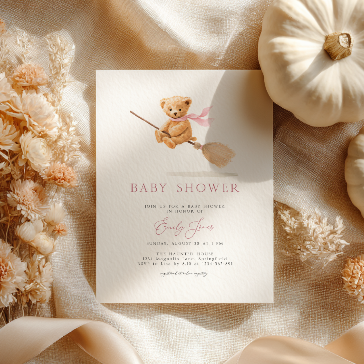 Baby Shower Invitation - Cute Girl Bear on Halloween Witch Broom BS239