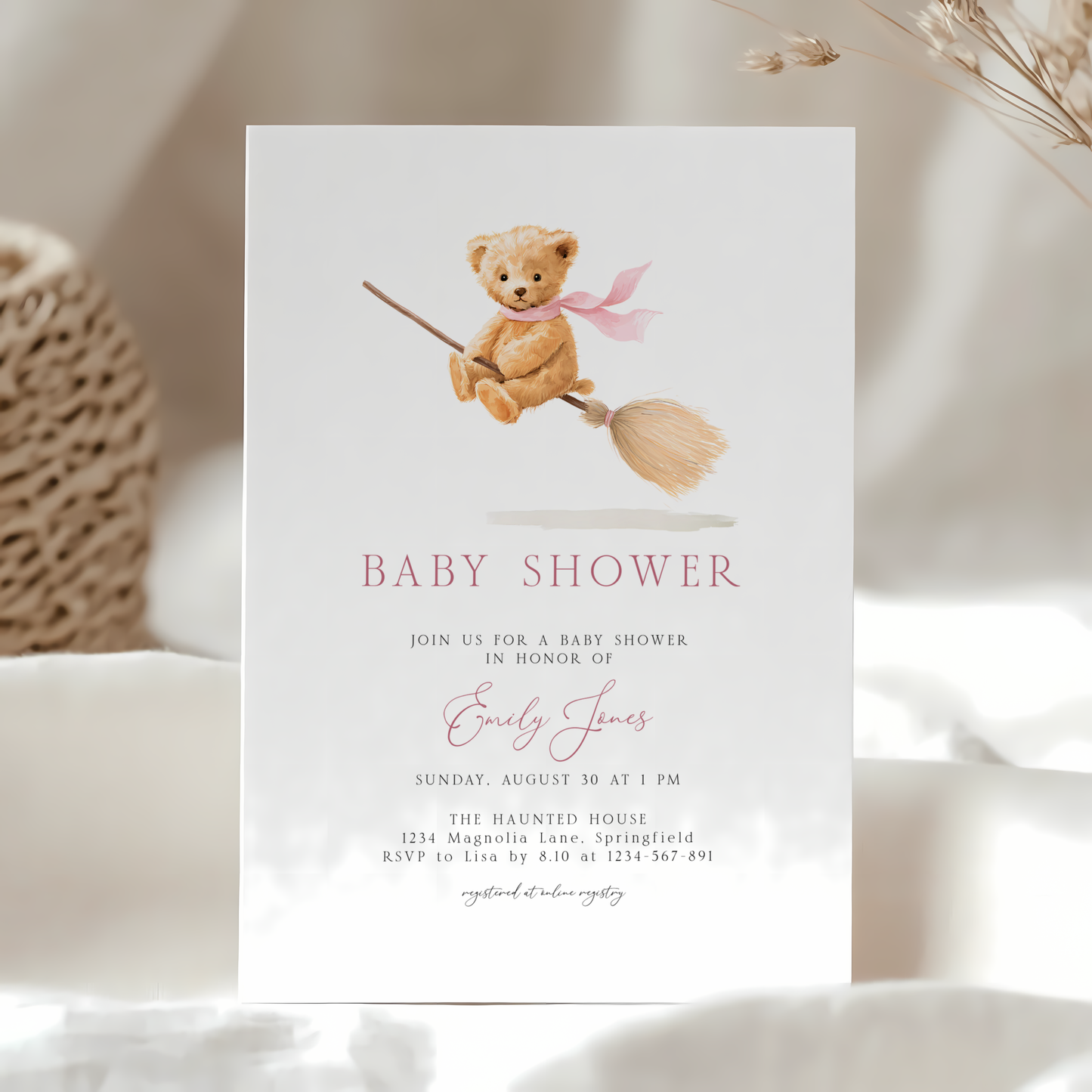 Baby Shower Invitation - Cute Girl Bear on Halloween Witch Broom BS239