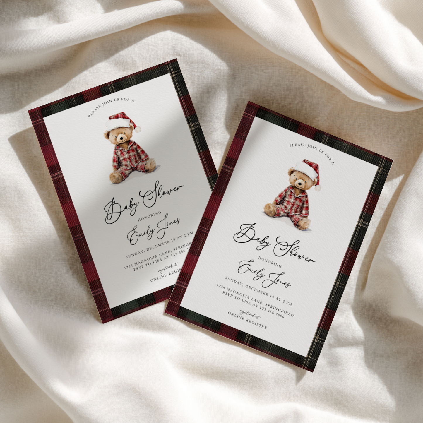 Teddy Bear Plaid Christmas Baby Shower Invitation BS270