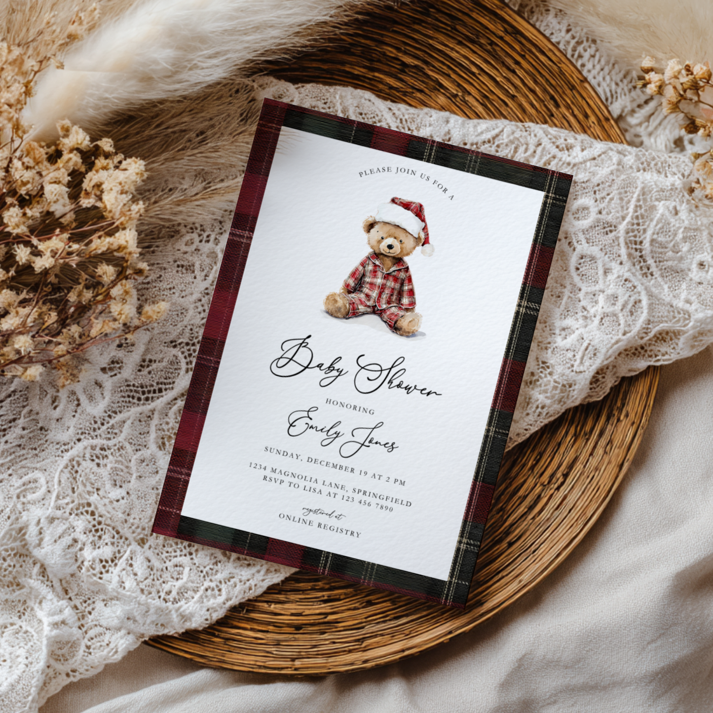Teddy Bear Plaid Christmas Baby Shower Invitation BS270