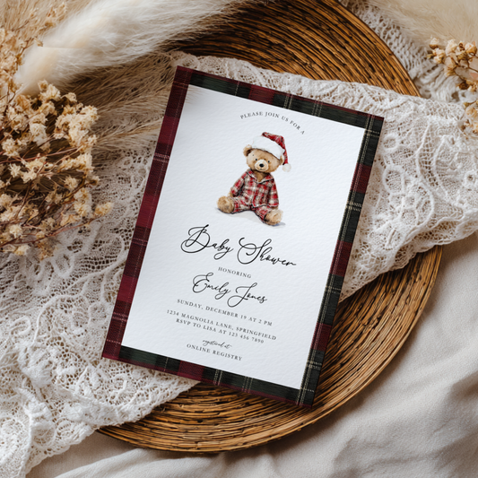 Teddy Bear Plaid Christmas Baby Shower Invitation BS270