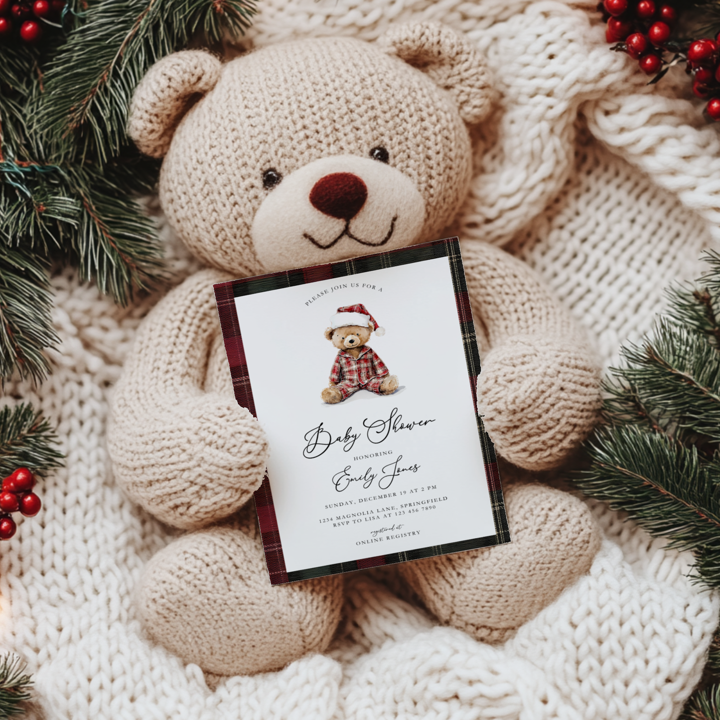 Teddy Bear Plaid Christmas Baby Shower Invitation BS270