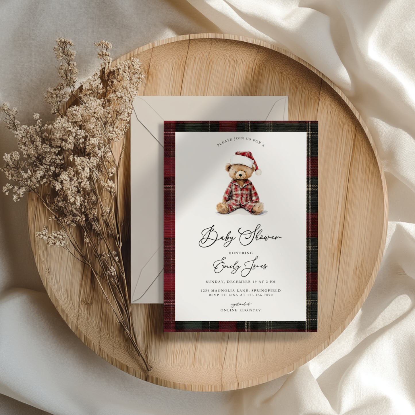 Teddy Bear Plaid Christmas Baby Shower Invitation BS270