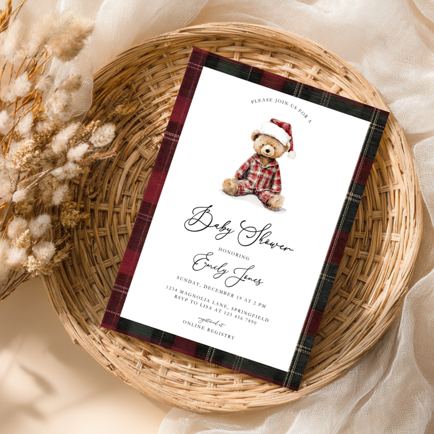 Teddy Bear Plaid Christmas Baby Shower Invitation BS270