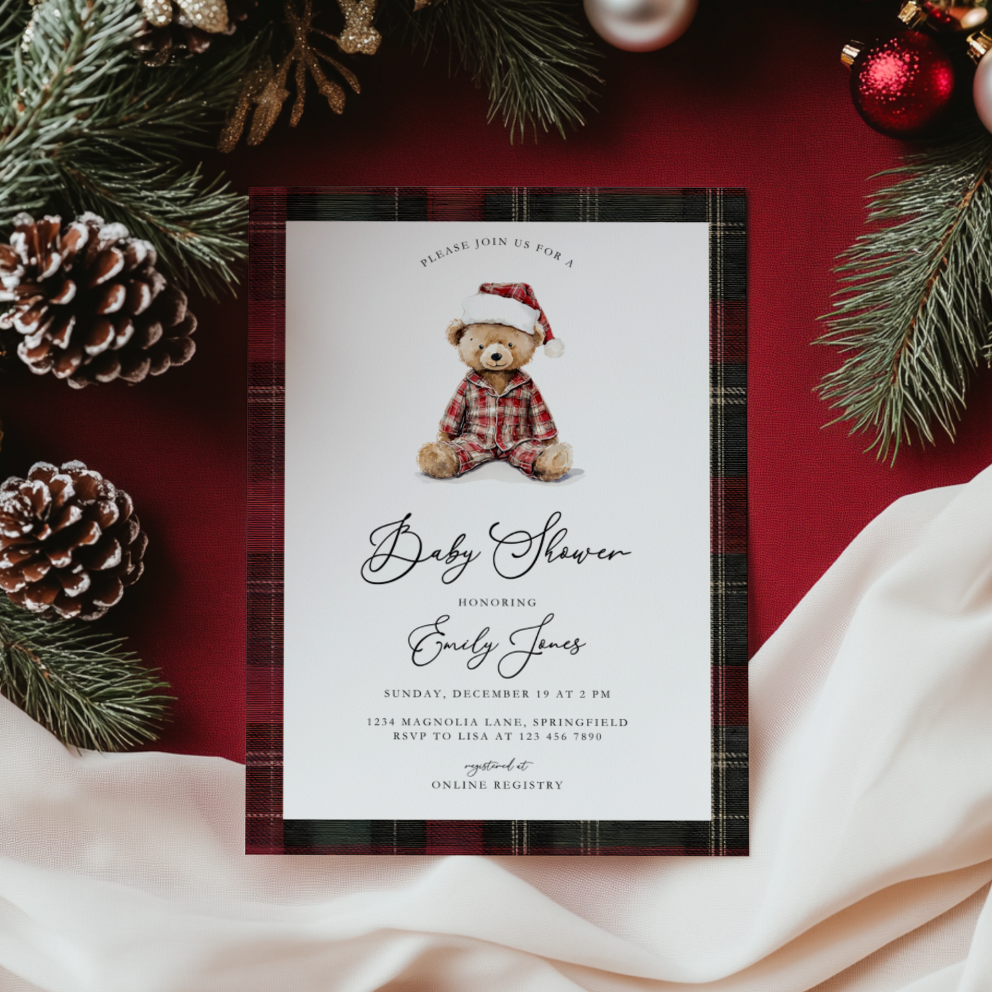 Teddy Bear Plaid Christmas Baby Shower Invitation BS270