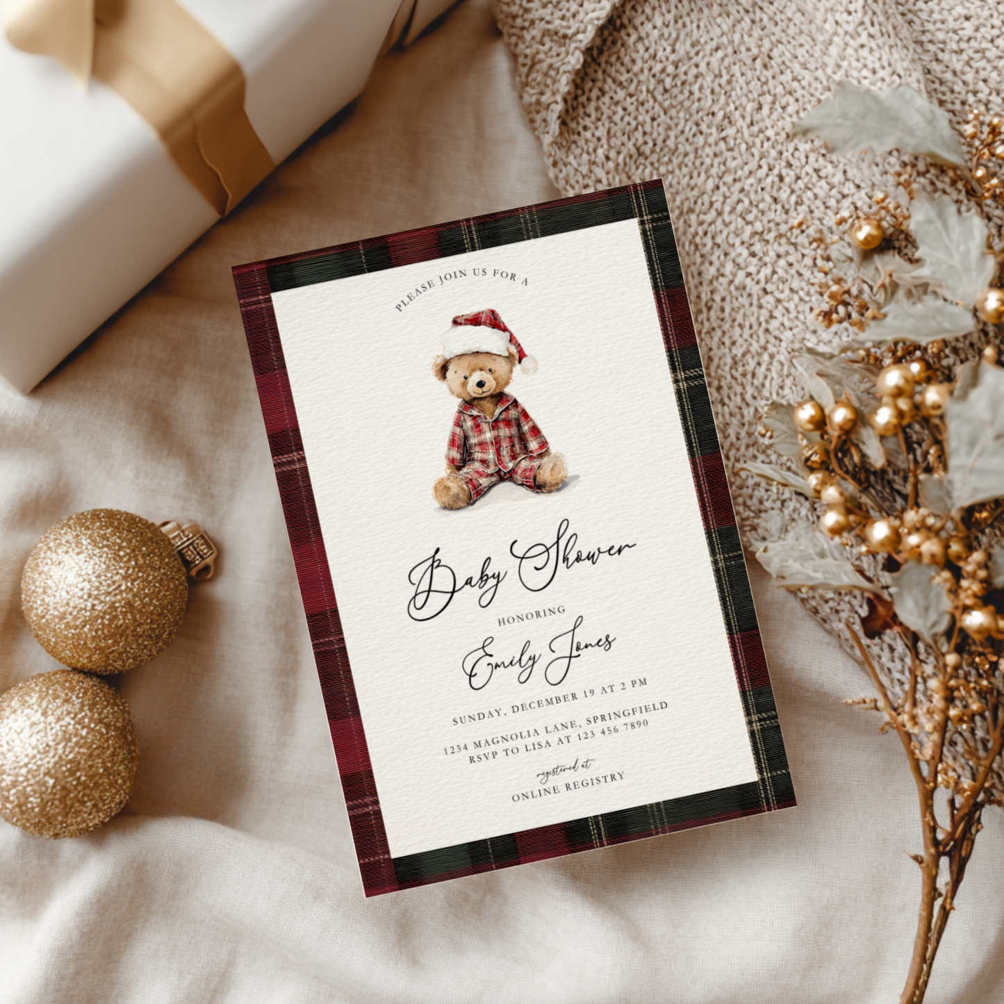 Teddy Bear Plaid Christmas Baby Shower Invitation BS270