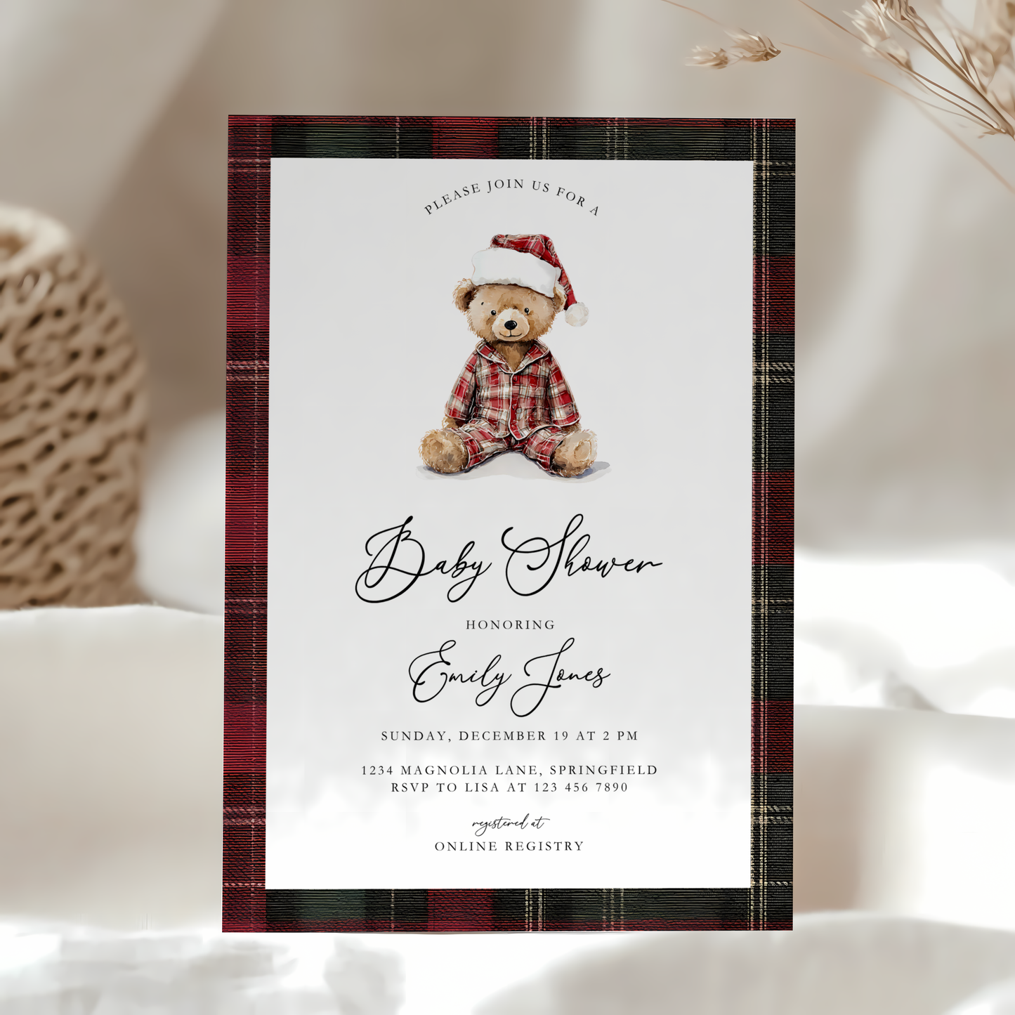 Teddy Bear Plaid Christmas Baby Shower Invitation BS270
