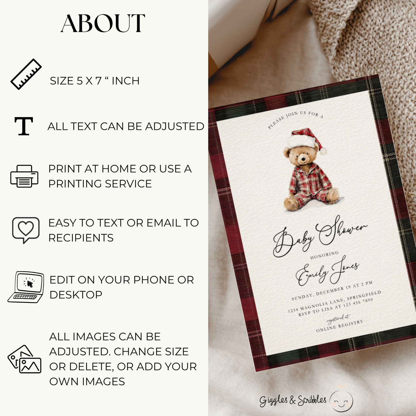 Teddy Bear Plaid Christmas Baby Shower Invitation BS270