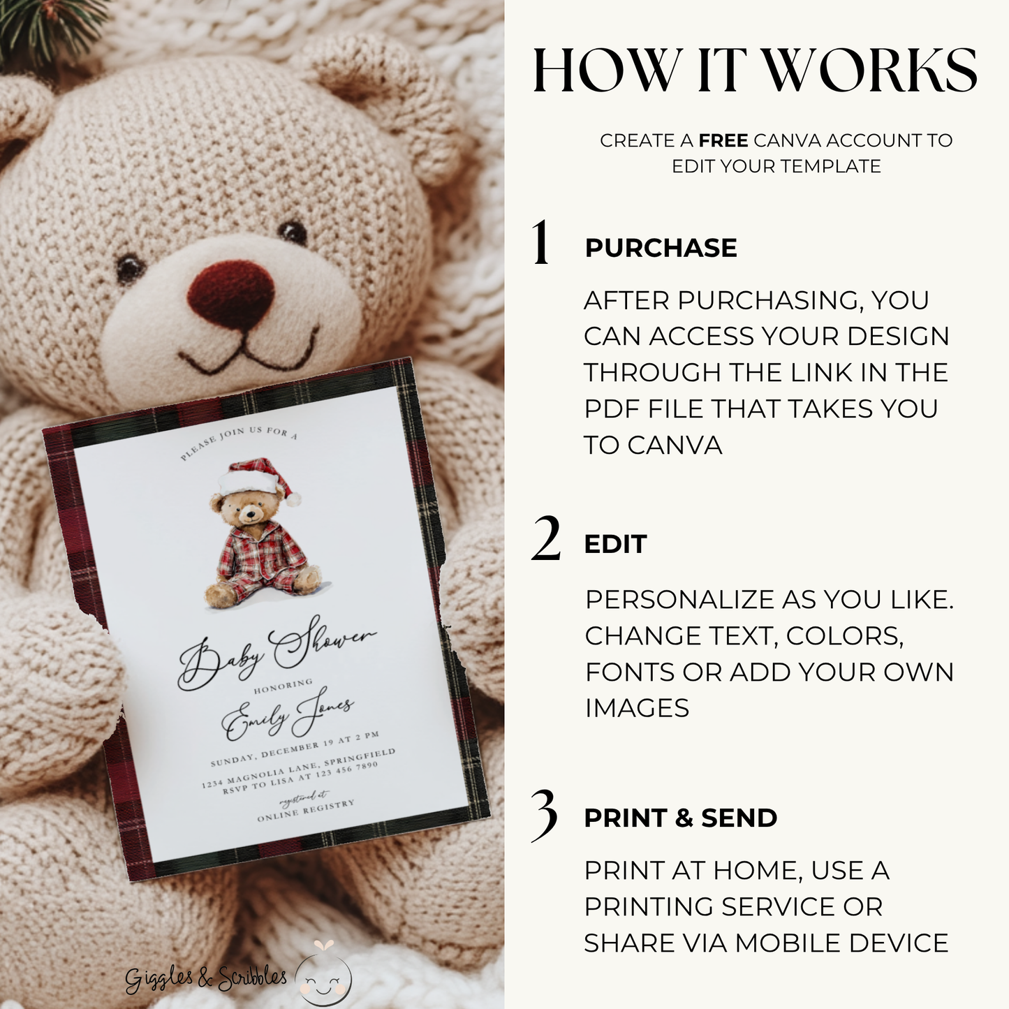 Teddy Bear Plaid Christmas Baby Shower Invitation BS270
