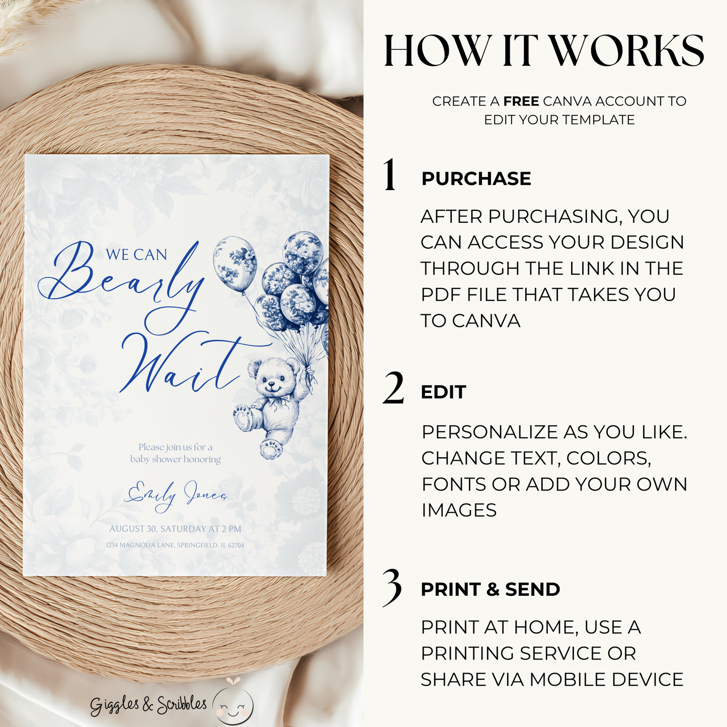 Baby Shower Invitation - Blue Bearly Wait Toile de Jouy BS35