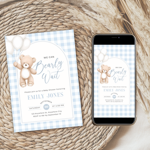 We Can Bearly Wait Blue Baby Shower Invitation Bundle BS295