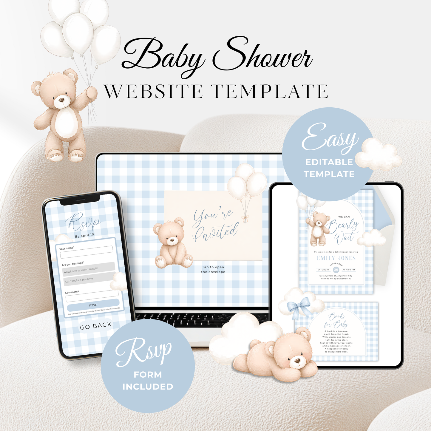Boy Bear Baby Shower Website Template - Blue Bearly Wait Theme BS295