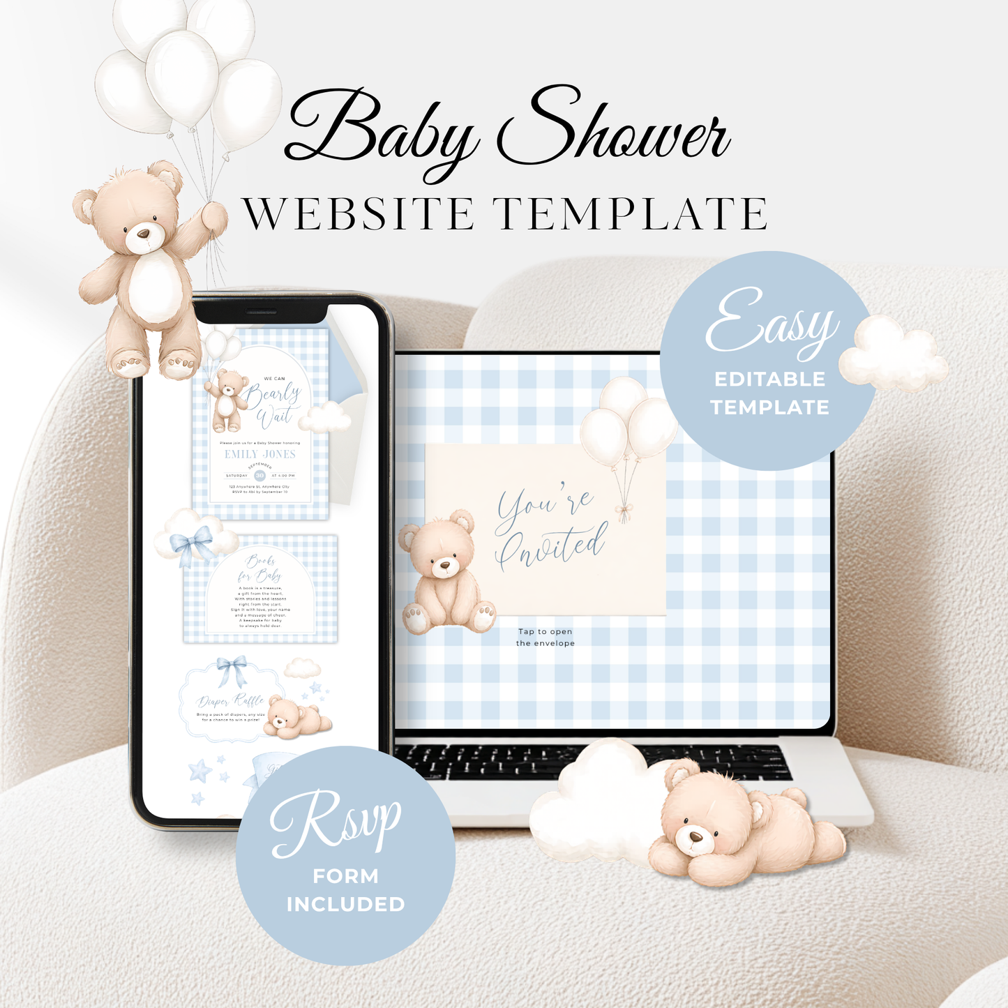 Boy Bear Baby Shower Website Template - Blue Bearly Wait Theme BS295