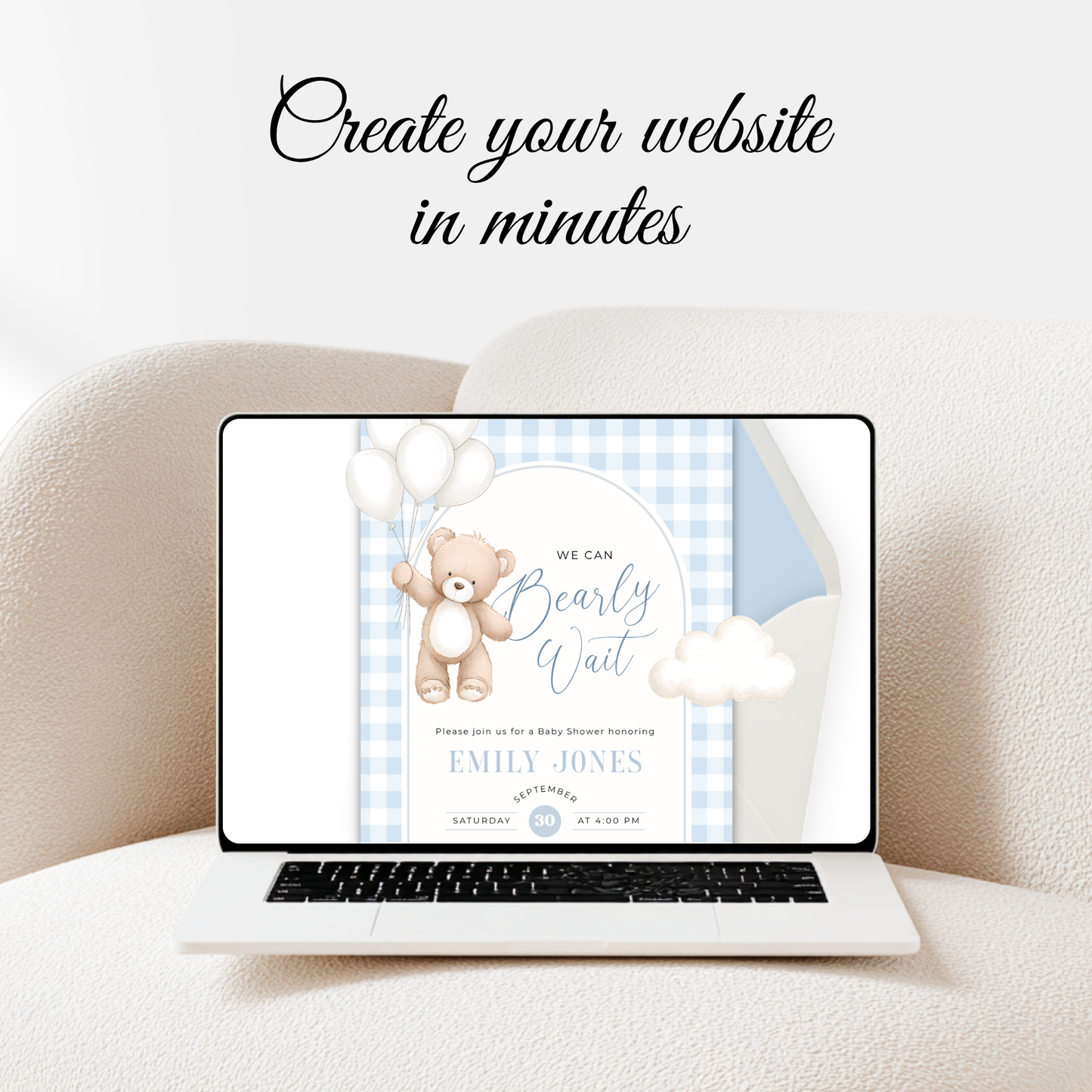 Boy Bear Baby Shower Website Template - Blue Bearly Wait Theme BS295
