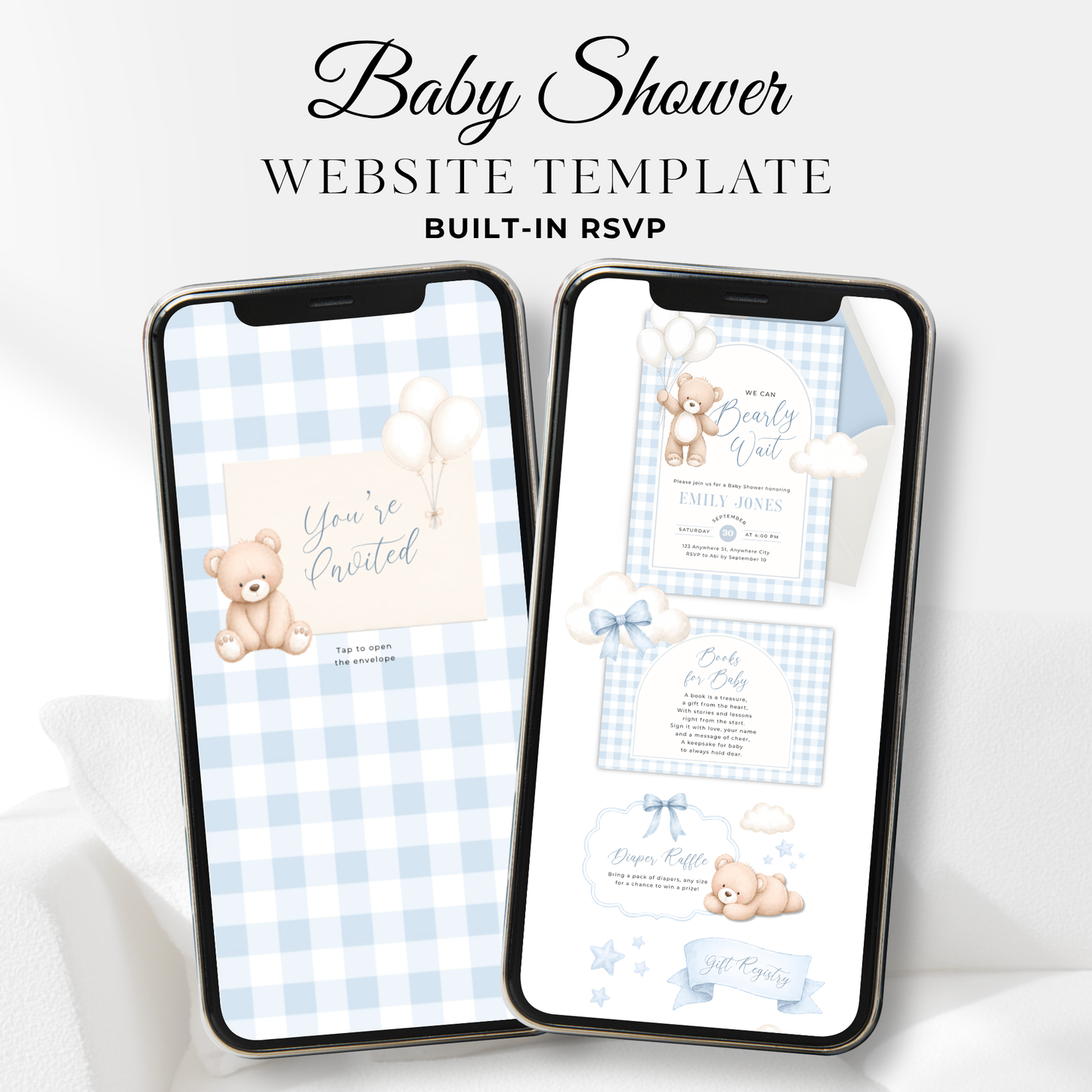 Boy Bear Baby Shower Website Template - Blue Bearly Wait Theme BS295